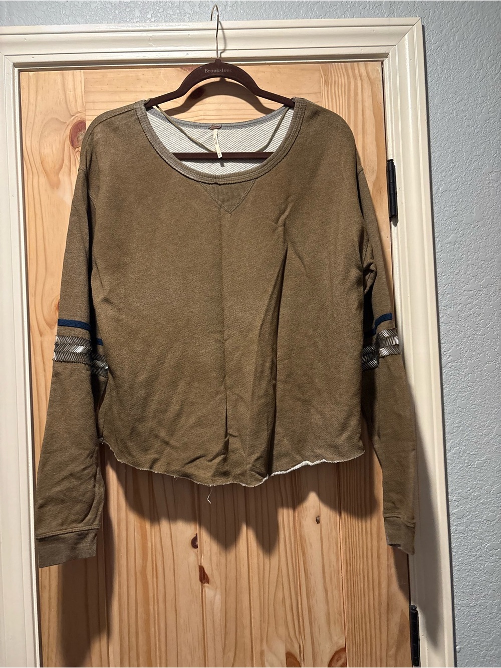 Free People Embellished Sleeve Sweatshirt M Olive Raw Edge Pullover Bohemian Top